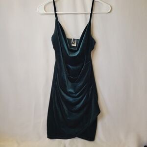 Windsor Hunter Green Velvet Cowl Neck Faux Wrap Dress